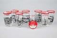 Image of Set of eight Seattle Centennial glasses with Carnation Cottage Cheese tin lids, 1952
